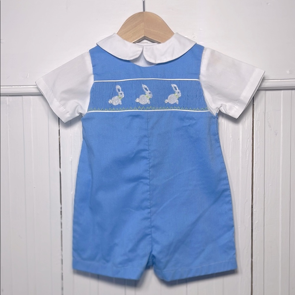 PETIT POMME EUC Boys Smocked Bunny Peter Pan Collar Romper Jon Jon
